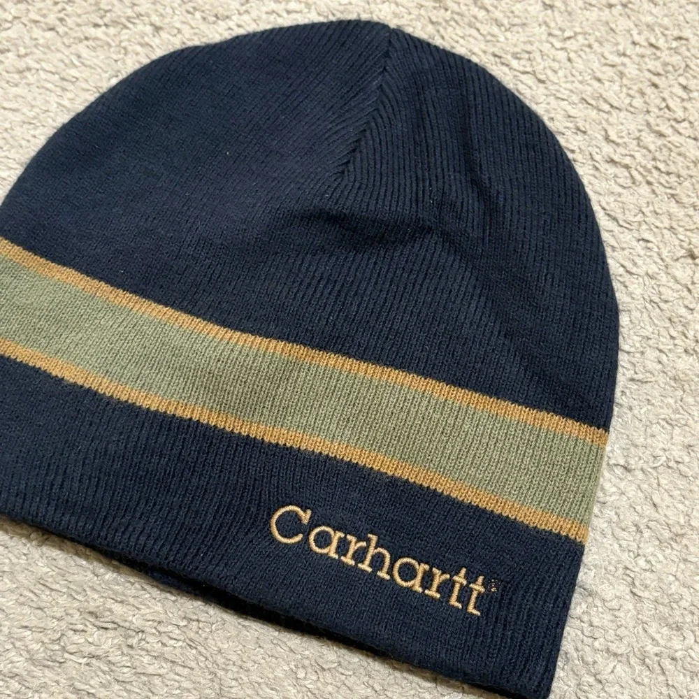 Vintage Carhartt Beanie Striped Embroidered Logo Skull Cap Skate Grunge Y2K